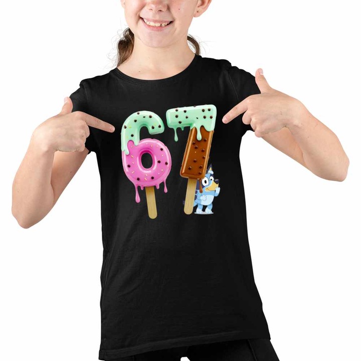 Tricou Copii Fete Six Seven Inghetata Bluey Creme 67, Negru