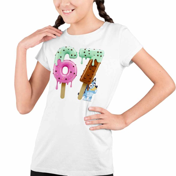 Tricou Copii Fete Six Seven Inghetata Bluey Creme 67, Alb