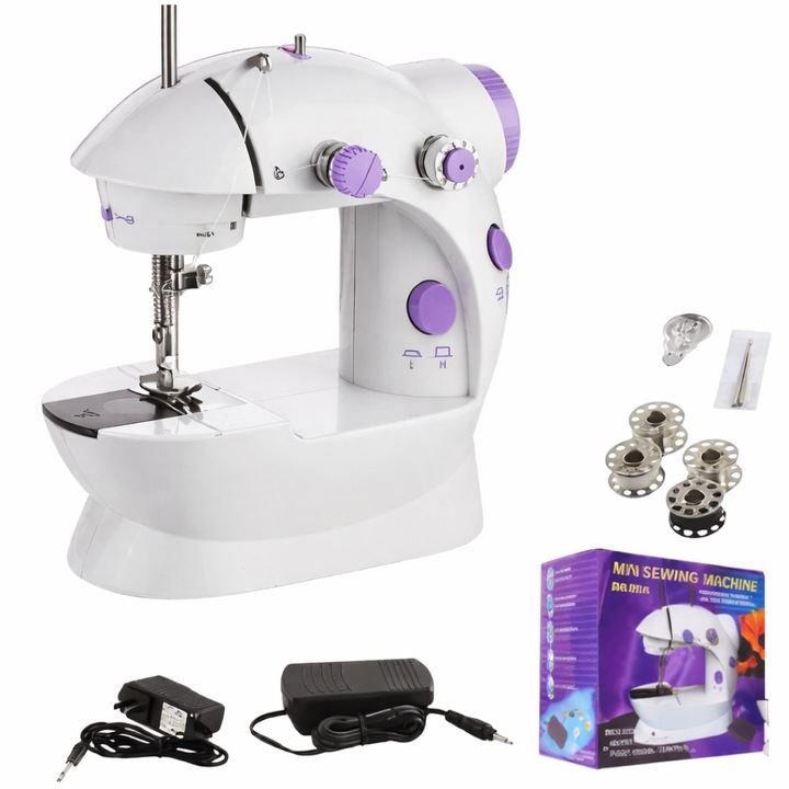 Mașină de cusut electrică portabilă MACVI, alb-mov, 2 trepte de viteză, 21x10.5x20.5cm