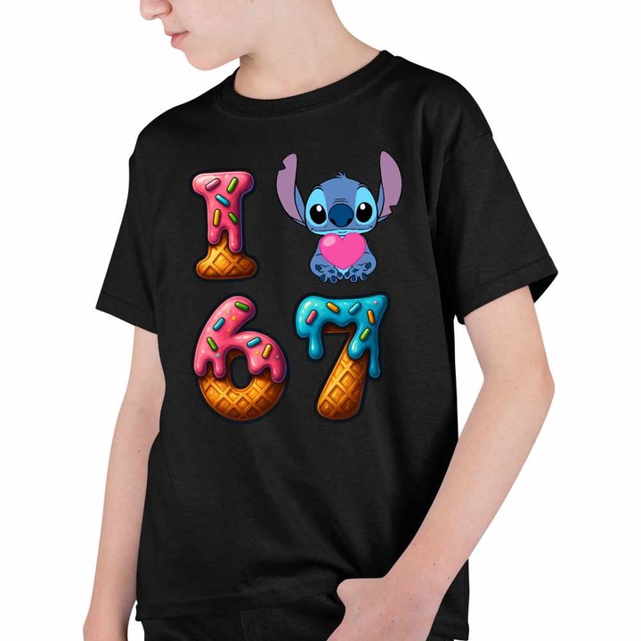 Tricou Copii Baieti Six Seven Love Stitch Ciocolata Valentines Day 67, Fekete
