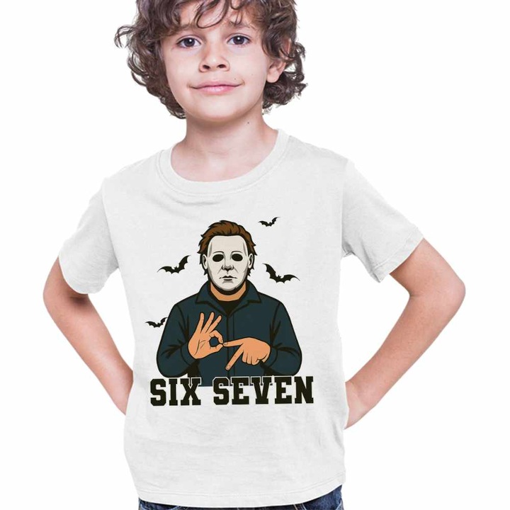 Tricou Copii Baieti Six Seven Horror Michael Myers 67 Halloween, Fehér