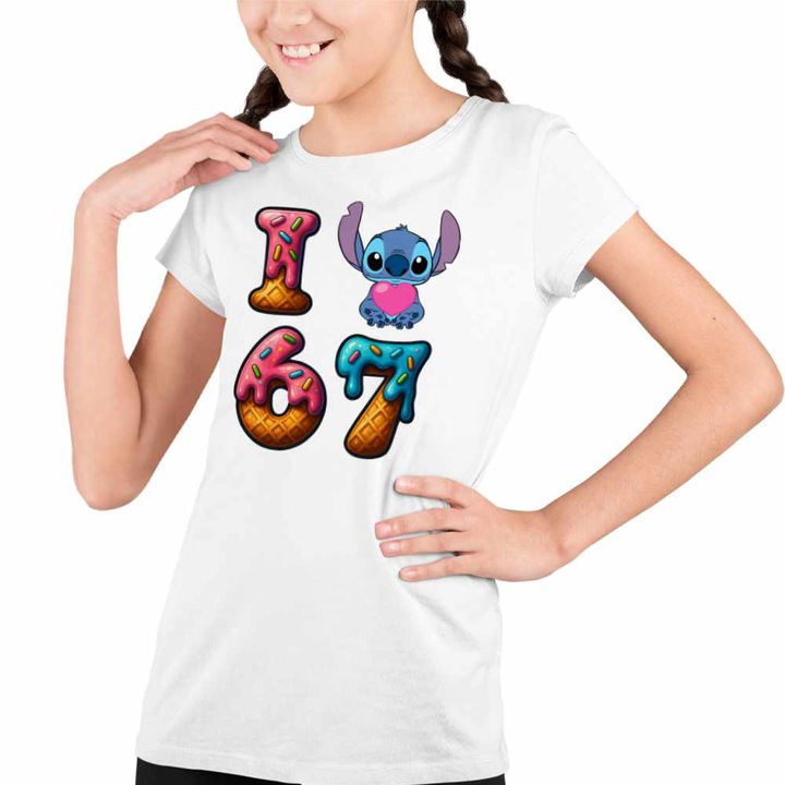 Tricou Copii Fete Six Seven Love Stitch Ciocolata Valentines Day 67, Alb