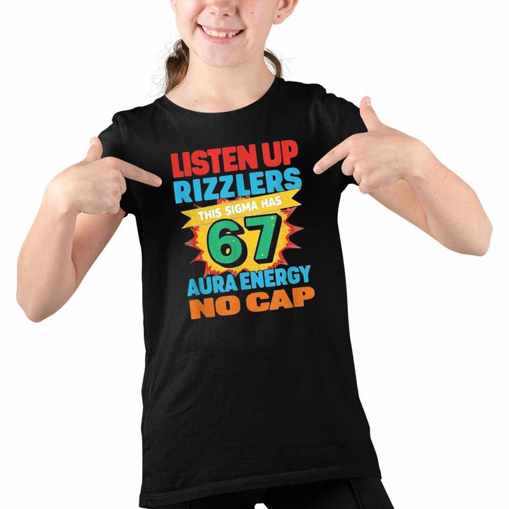Tricou Copii Fete Six Seven Listen Up Rizzlers 67, Fekete