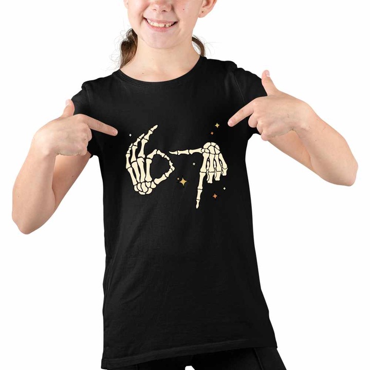Tricou Copii Fete Six Seven Schelet Maini 67 Meme, Fekete