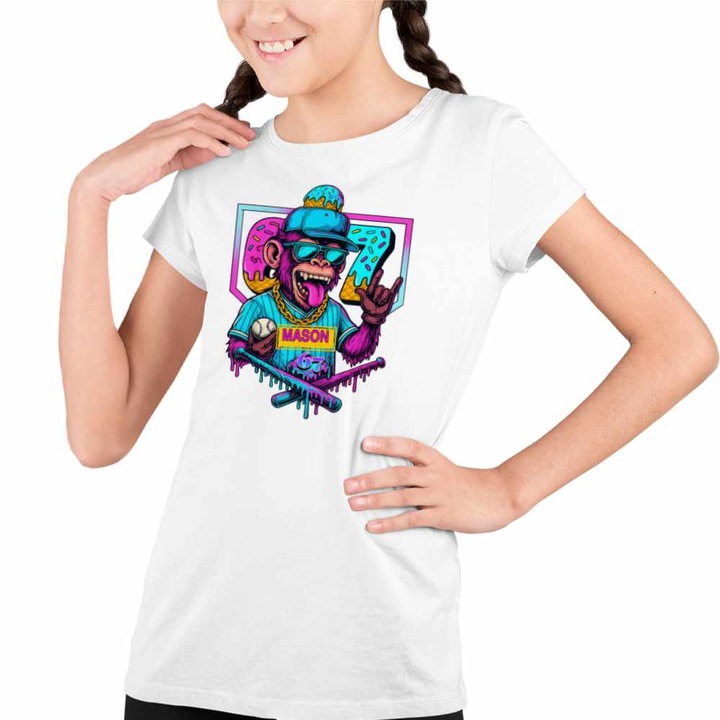 Tricou Copii Fete Six Seven Baseball Monkey 67 Meme, Fehér