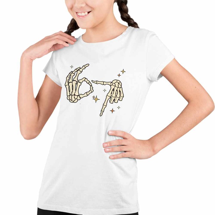 Tricou Copii Fete Six Seven Schelet Maini 67 Meme, Fehér