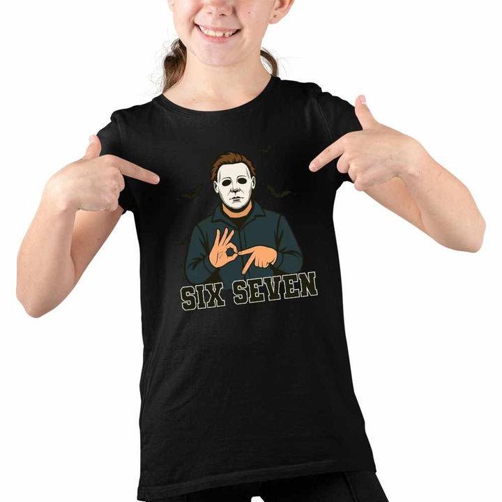 Tricou Copii Fete Six Seven Horror Michael Myers 67 Halloween, Fekete