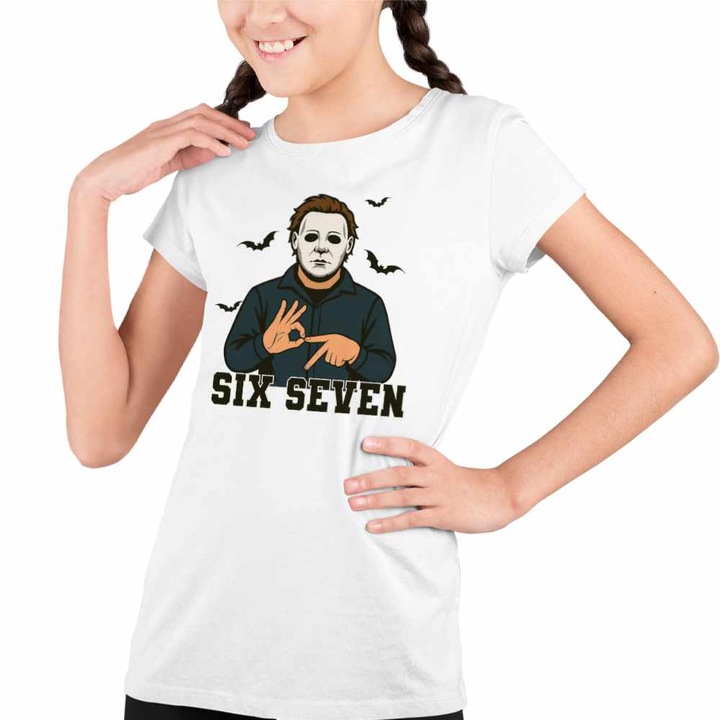 Tricou Copii Fete Six Seven Horror Michael Myers 67 Halloween, Fehér