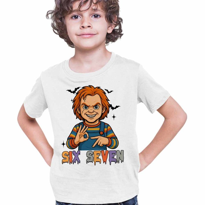 Tricou Copii Baieti Six Seven Horror Chucky 67 Halloween, Fehér