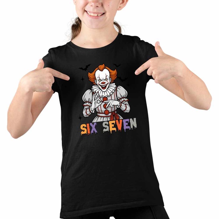 Tricou Copii Fete Six Seven Horror Pennywise 67 Halloween, Fekete