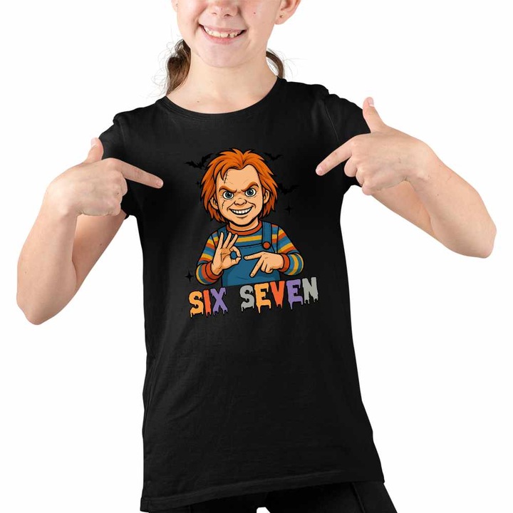 Tricou Copii Fete Six Seven Horror Chucky 67 Halloween, Fekete