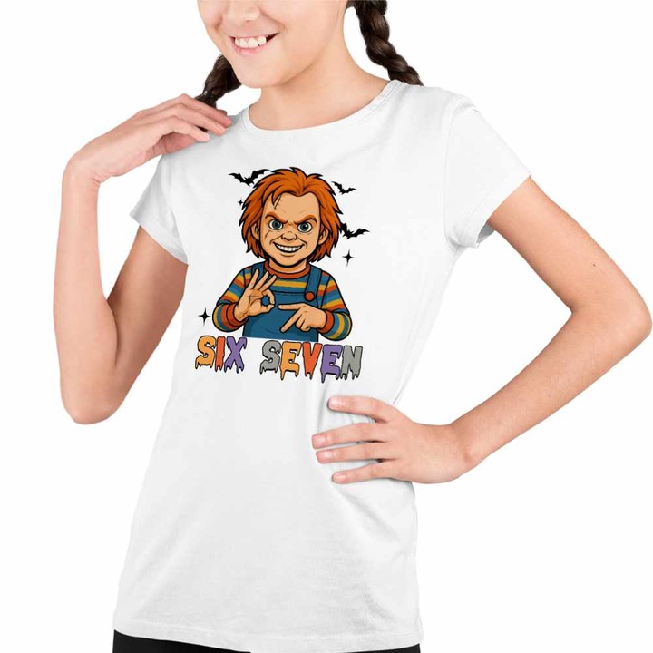 Tricou Copii Fete Six Seven Horror Chucky 67 Halloween, Fehér