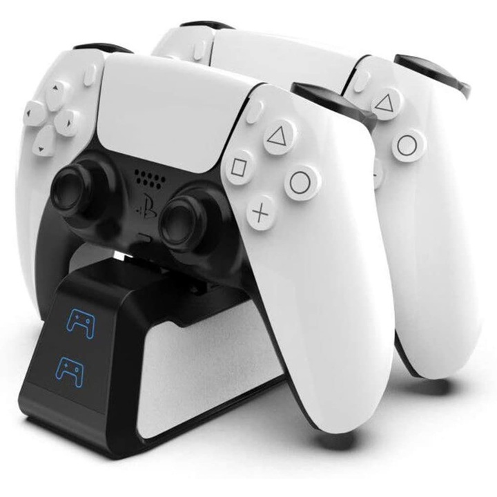 Incarcator pentru controlere PS5, statie de incarcare duala USB, alb, dimensiuni compacte