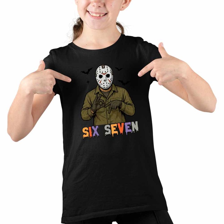 Tricou Copii Fete Six Seven Jason Voorhees 67 Halloween, Fekete