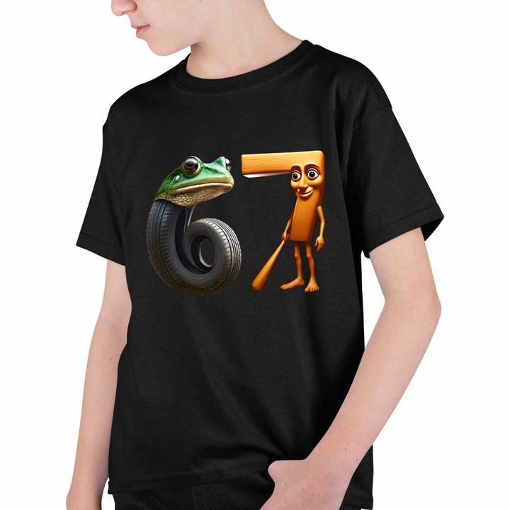 Tricou Copii Baieti Six Seven Tung Tung Sahur Italian Brainrot Meme, Negru