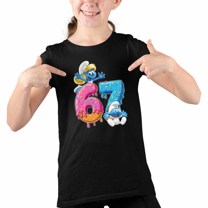 Tricou Copii Fete Six Seven Strumfita Bebe Strumf, Fekete