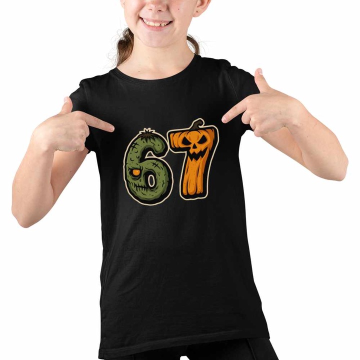 Tricou Copii Fete Six Seven Halloween Dovleac 6 7 Horror, Fekete
