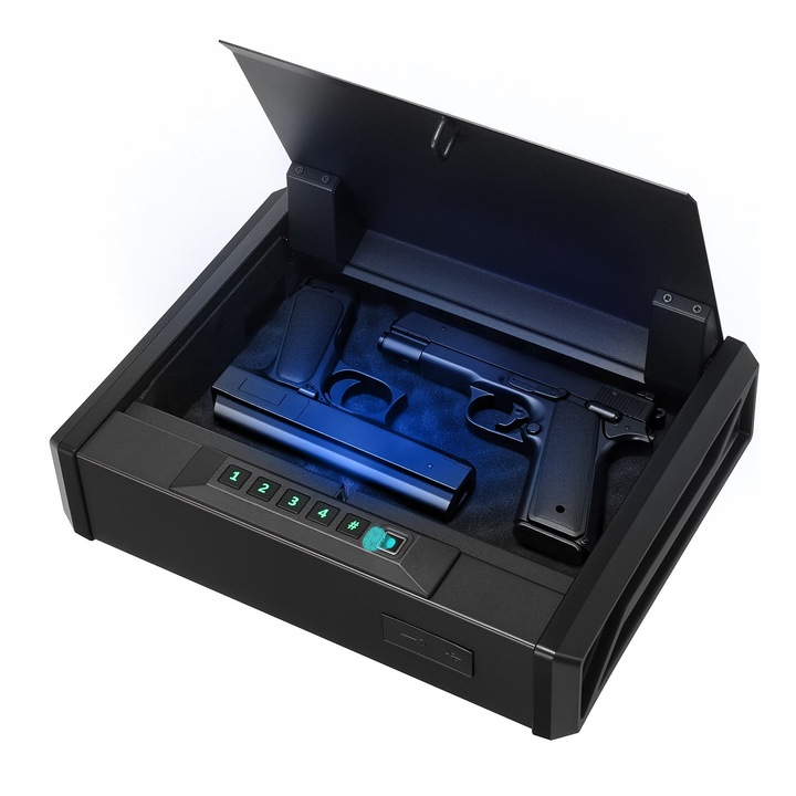 Seif pistol biometrica, 2 pistoale si 2 incarcatoare, acces rapid amprenta/cod/cheie, otel, 360x275x90mm