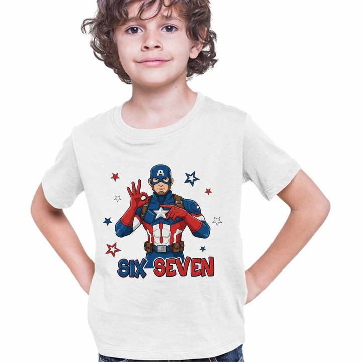 Tricou Copii Baieti Six Seven Captain America 67 Marvel Superhero, Alb