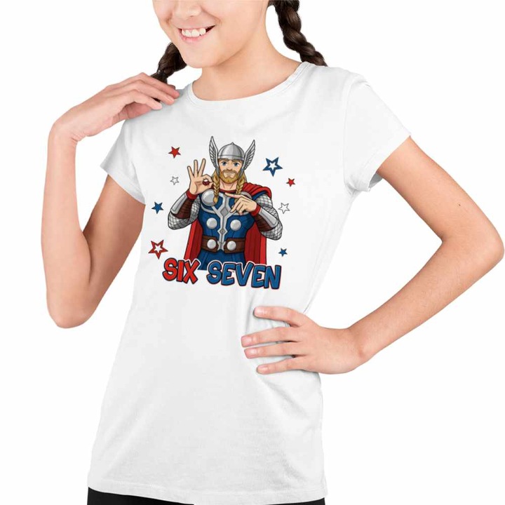 Tricou Copii Fete Six Seven Thor 67 Marvel Superhero, Fehér