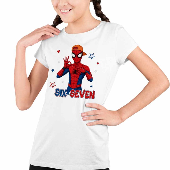 Tricou Copii Fete Six Seven Spiderman 67 Marvel Superhero, Fehér