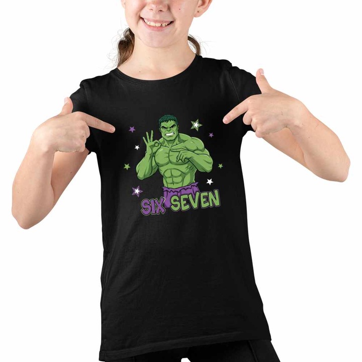 Tricou Copii Fete Six Seven Hulk 67 Marvel Superhero, Fekete