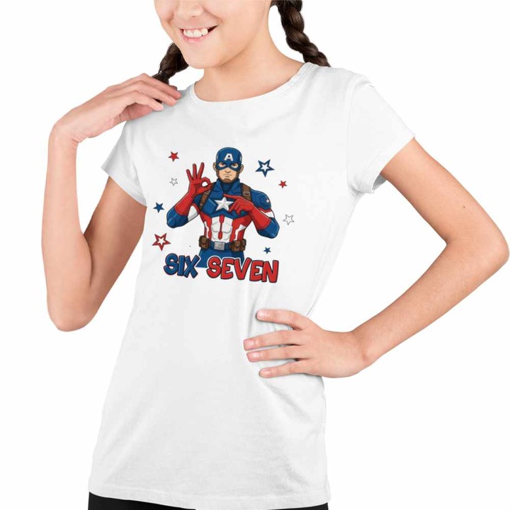 Tricou Copii Fete Six Seven Captain America 67 Marvel Superhero, Fehér