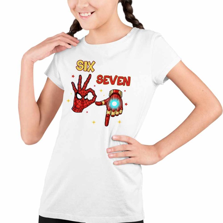 Tricou Copii Fete Six Seven Spiderman Ironman 67 Marvel Superhero, Fehér