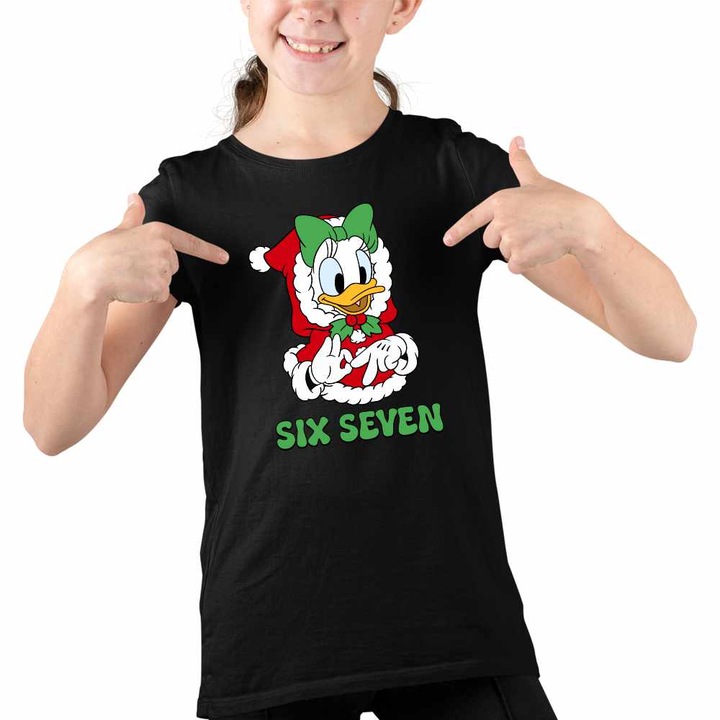 Tricou Copii Fete Six Seven Daisy Craciun Donald Duck Mickey Mouse, Fekete