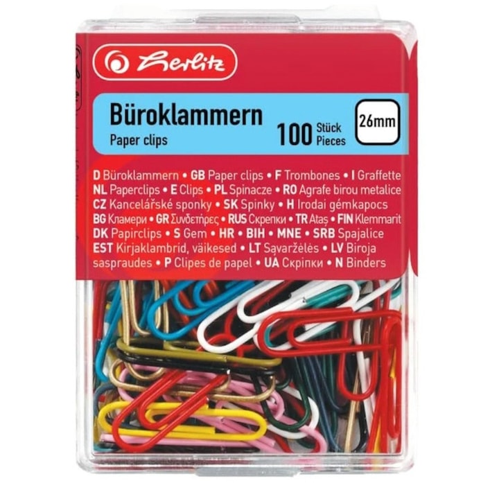 Agrafe de birou Herlitz, 100 bucăți, metal galvanizat, 26mm, culori asortate