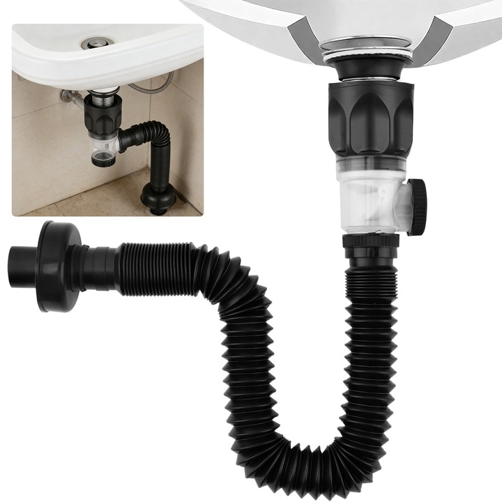 Kit de Scurgere pentru Chiuveta de Baie, Ultrixe Teava de scurgere flexibila tip P cu dop pop-up, Inlocuitor de Teava de Chiuveta Extensibila, Anti-miros, pentru Orificiu de Scurgere de 1-1/4" si 1-1/2", Negru