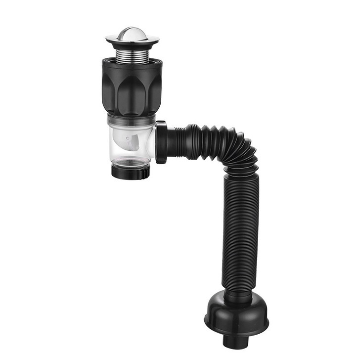 Комплект сифон за мивка за баня, Ultrixe, гъвкава P-образна тръба, против миризми, черен