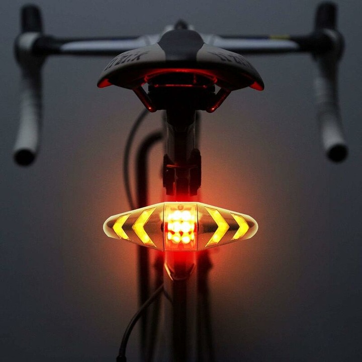 Lumina spate bicicleta cu semnalizator LED wireless, reincarcabila, impermeabila, rosu-galben, universal