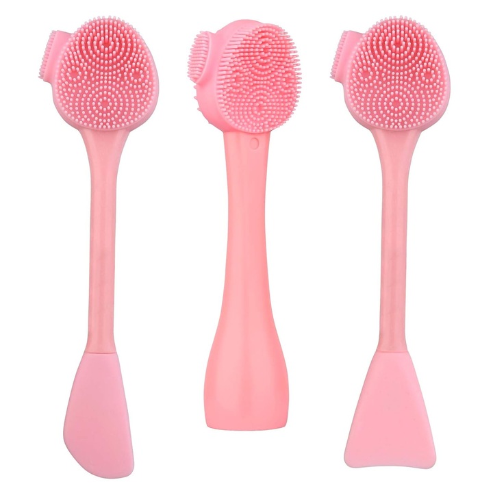 Perie faciala silicon dublu cap, exfoliant, masaj, roz, set 3 buc