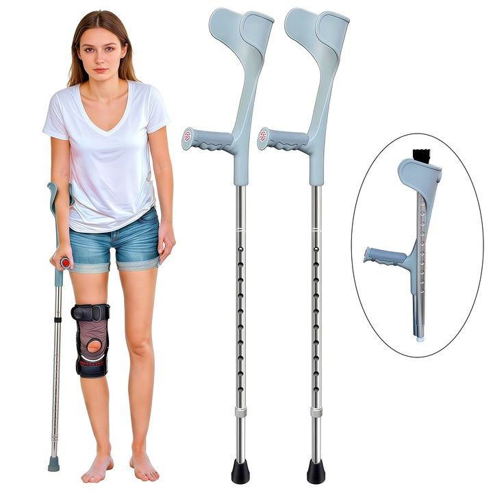 Set 2 Carja metalica reglabila, Wacorresi®, Carja ergonomica, suport pentru cot in forma de U umanizata, 10 niveluri de reglare a inaltimii, Pliere usoara, reglabile pe inaltime, reflectoare fata si spate, Albstru-gri, 2 buc