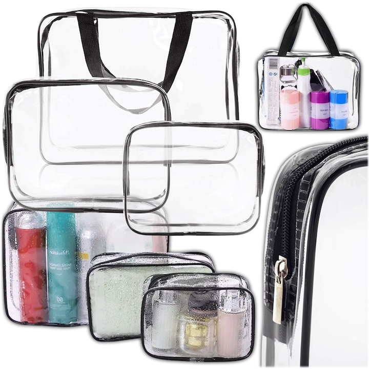 Комплект от 3 прозрачни козметични чанти - водоустойчиви, за пътуване и организиране на козметика с цип