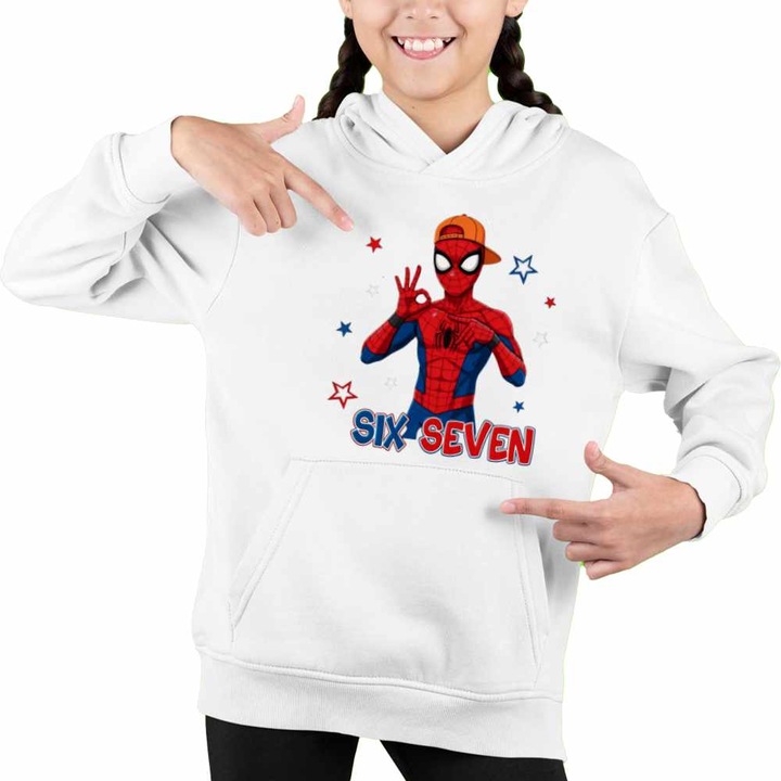 Hanorac Copii Fete Six Seven Spiderman 67 Marvel Superhero, Alb