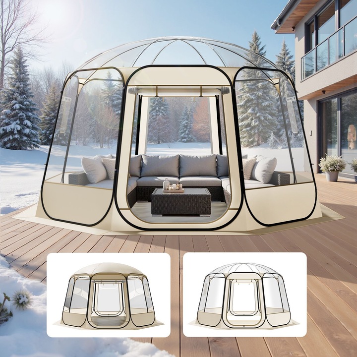 Cort pliabil de gradină tip iglu, panoramic, transparent cu feronerie neagră, 3, 66x3, 45m, pentru 10-12 persoane