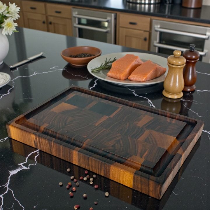 Tocator profesional de bucatarie, Fund din lemn masiv de nuc american, Stil end grain, Super premium, 30x20x3 cm