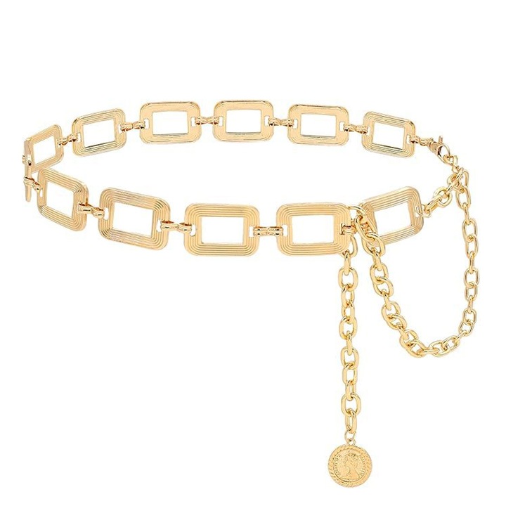 Női öv láncokkal, asskanaer, fém csattal, állítható méret, gyűrűs design, medállal, sima és kopásálló, fém, 115cm, arany