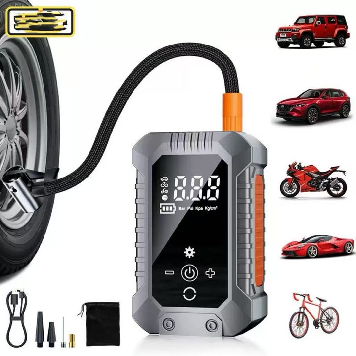 Pompa de aer pentru vehicul electric, DEYKAY, 150PSI, 22L/MIN, Inteligenta Masina Lumina LED, Fara Fir Manometru Digital, Bicicleta, Motocicleta, Minge, incarcare Type-C, Argint