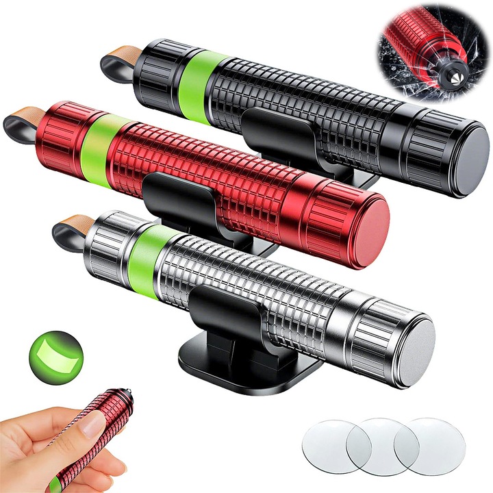 Set 3 Ciocan Siguranta Auto, YOUKUKE®, mic si usor, portabil cu dvs, Utilizati pe scara larga, Petru situatii de urgenta, accidente, momente critice, Rosu + Negru + Argintiu