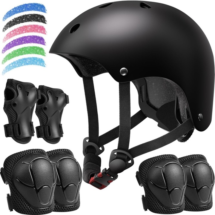 Set Casca si Protectii XPQKDC®, Reglabil, pentru Copii 2-14 ani, cu Genunchiere si Cotiere, pentru Ciclism, Role, Trotineta, Skateboard, Negru