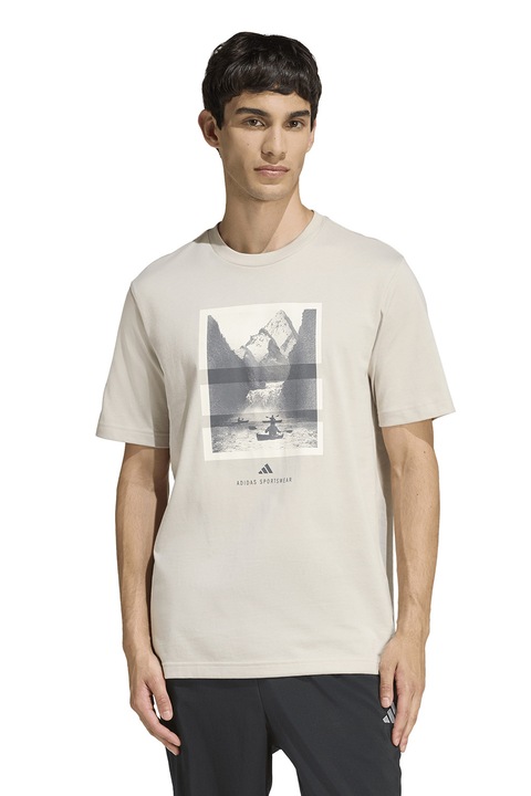 adidas Sportswear, Tricou regular fit cu imprimeu grafic, Alb/Alb fildes/Gri inchis