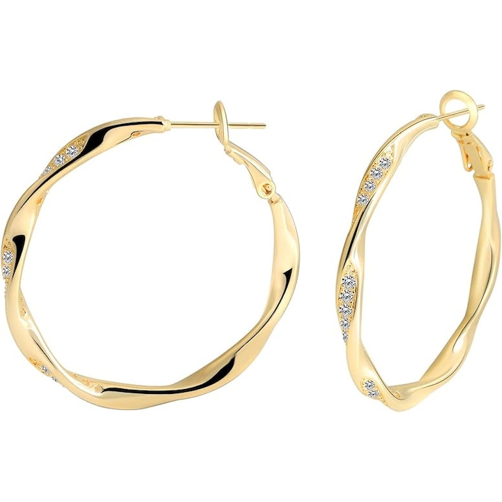 Kerek fülbevaló, Solaceon, 14K arany, kör alakú design, cirkónia kövekkel, 37mm