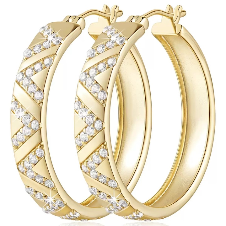Cercei rotunzi din aur 14K Solaceon cu model zig-zag și zirconiu, 30mm diametru, 5.5mm lățime