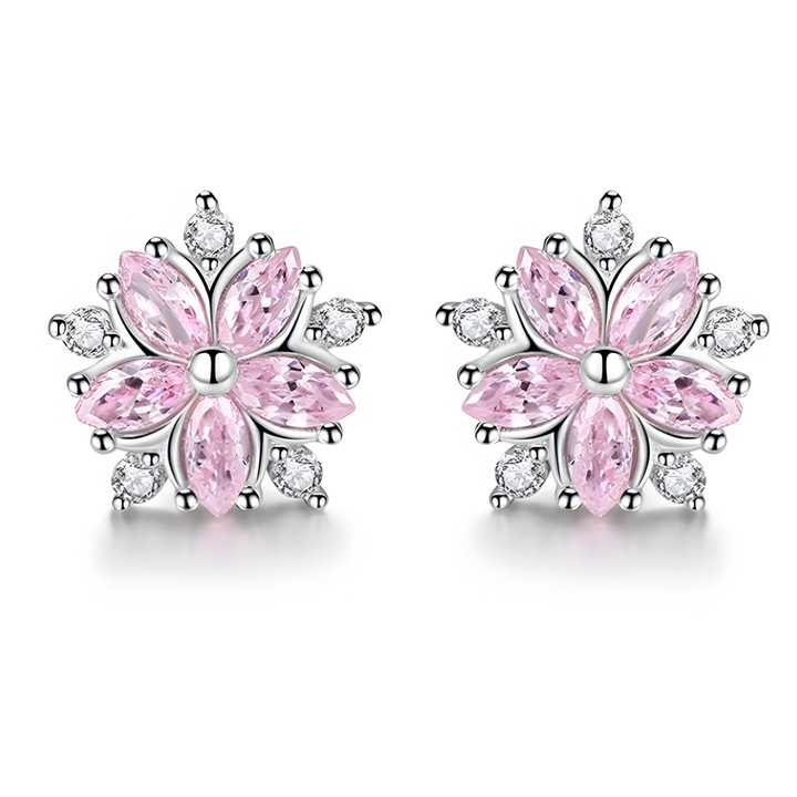 Cercei Argintii cu Flori de Cires Roz, Otel, Zirconiu