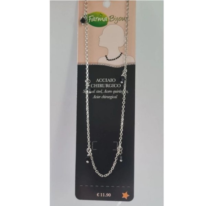 Colier hipoalergenic Farma Bijoux cu pietre negre, lanț subțire, metal, elegant