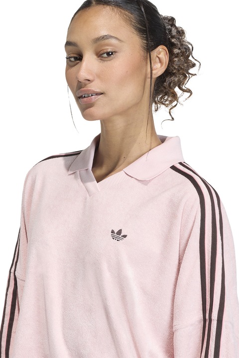 adidas Originals, Bluza de trening lejera din material terry si guler ascutit, Maro inchis/Roz pastel, L