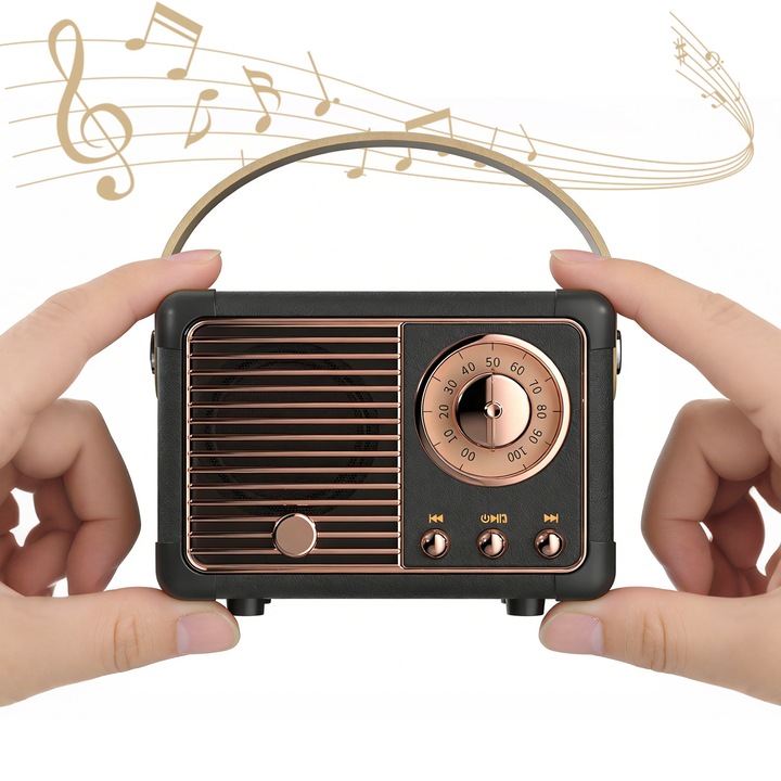 Radio Portabil, BYONDSELF®, cu Difuzor Bluetooth, Mini, 64*103*71mm, Bluetooth 5.0, Autonomie 2-6 h, Usb, Microsd, Jack Aux Pentru Casti, Gri Inchis/Auriu